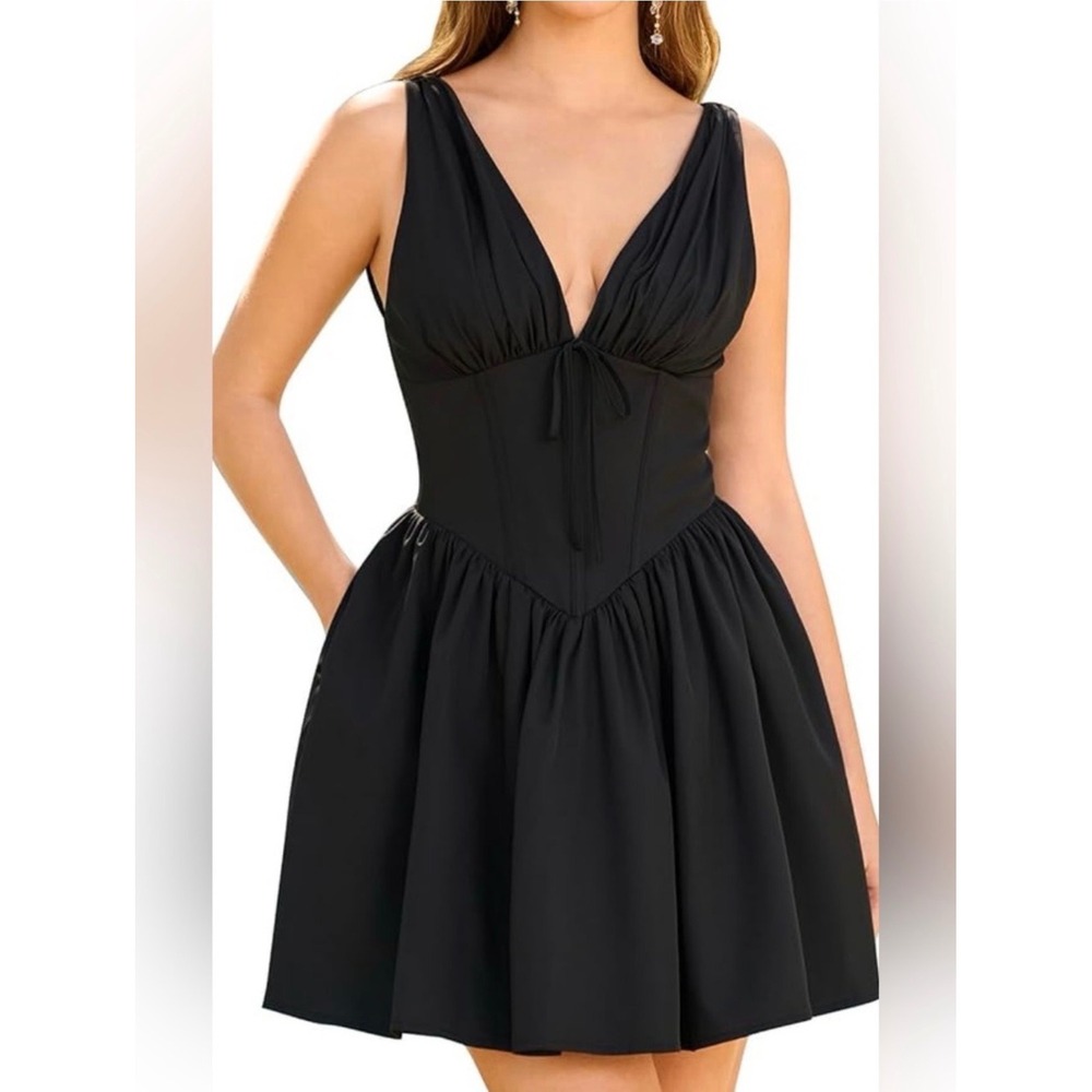 Blashe Womens Corset V-Neck Mini Dress Sleeveless Fit & Flare Pink Red Bundle L